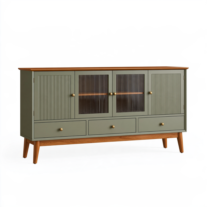 Buffet 180 x 40 x 90 cm en bois vert olive et brun avec 4 portes 3 tiroirs style rétro