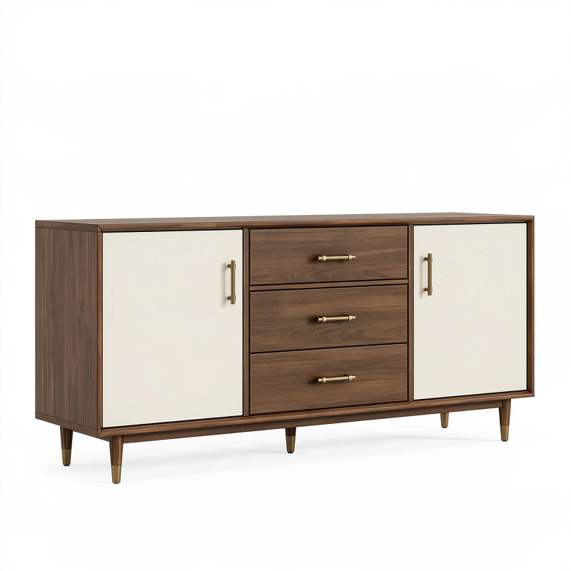 Buffet 160 x 40 x 85 cm en panneaux finition noyer et crème style rétro avec 3 tiroirs