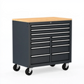 Servante d'atelier 120 x 60 x 90 cm en acier noir avec plateau en bois à 12 tiroirs sur roulettes