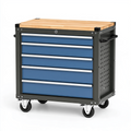 Servante d'atelier 80 x 48 x 98 cm en acier bleu avec plateau en bois à 5 tiroirs mobile