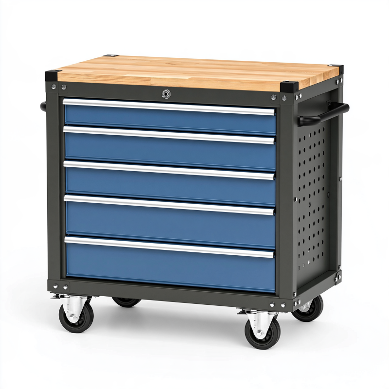 Servante d'atelier 80 x 48 x 98 cm en acier bleu avec plateau en bois à 5 tiroirs mobile