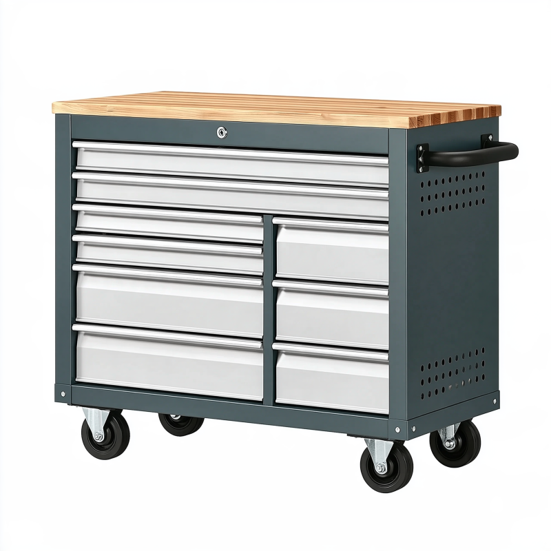 Servante d'atelier 112 x 46 x 96 cm en acier gris anthracite avec plateau en bois et 10 tiroirs sur roulettes