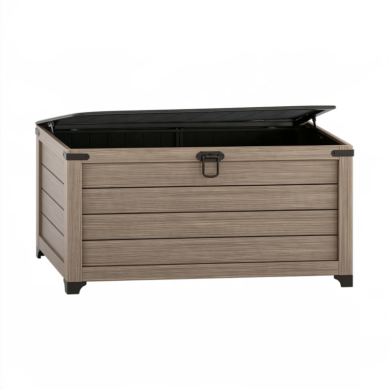 Coffre de rangement extérieur 120 x 61 x 63 cm en résine gris brun effet bois avec couvercle relevable