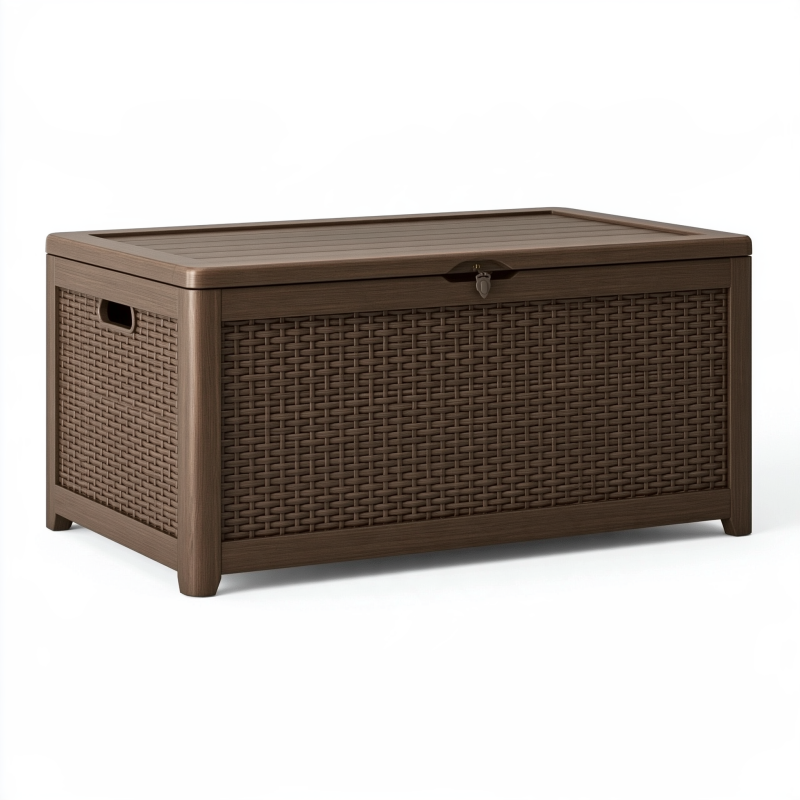 Coffre de rangement 120 x 55 x 60 cm en résine brun effet tressé avec couvercle