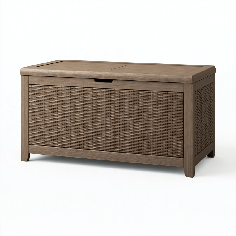Coffre de rangement 100 x 45 x 55 cm en bois brun avec panneaux tressés style naturel