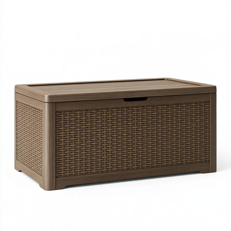 Coffre de rangement 120 x 56 x 63 cm en résine brun tressé pour jardin avec couvercle