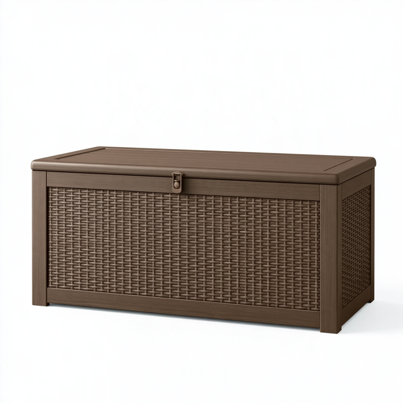 Coffre de rangement extérieur 120 x 50 x 60 cm en résine tressée marron avec couvercle