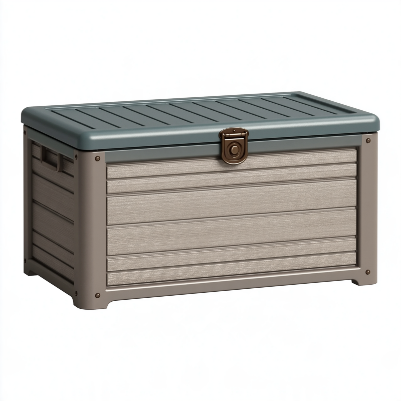 Coffre de rangement 120 x 55 x 60 cm en plastique gris taupe pour extérieur avec couvercle à loquet