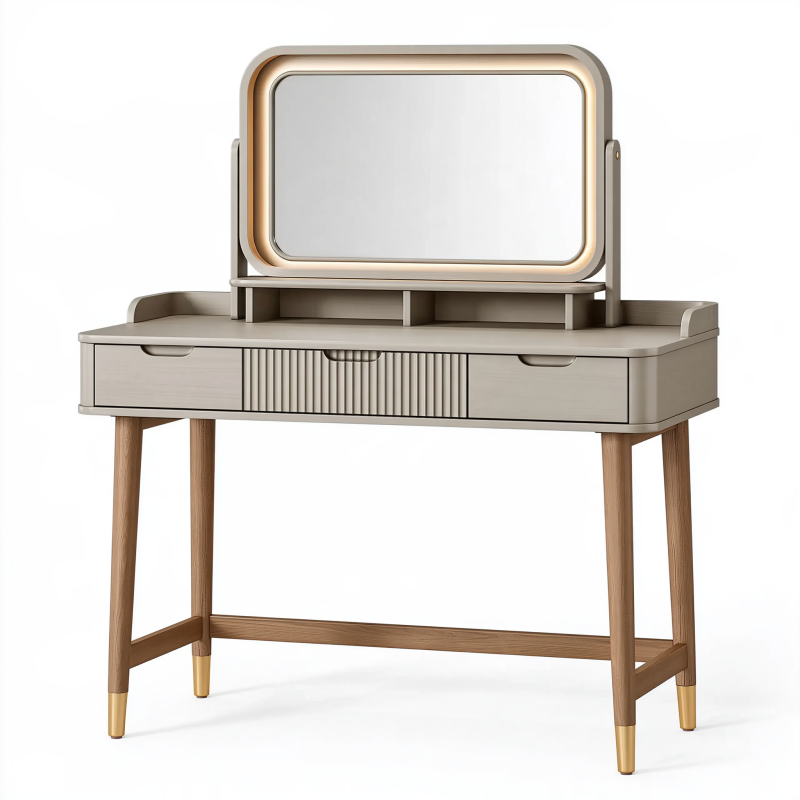 Coiffeuse 100 x 45 x 145 cm en bois beige avec miroir et tiroirs style moderne