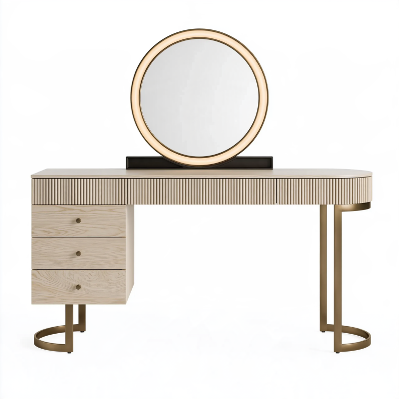 Coiffeuse avec miroir 120 x 50 x 75 cm bois beige métal doré style contemporain avec tiroirs