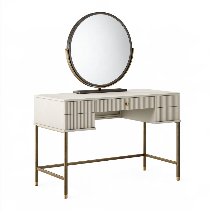 Coiffeuse avec miroir 120 x 50 x 150 cm beige et doré en panneaux de bois style contemporain avec tiroirs