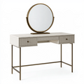 Coiffeuse 120 x 45 x 140 cm en bois blanc et métal bronze avec miroir rond et tiroirs