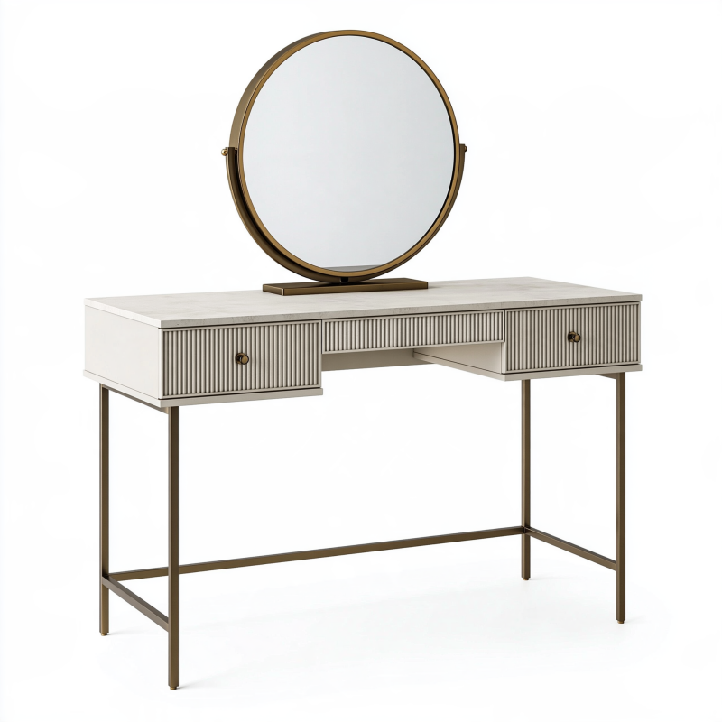 Coiffeuse 120 x 45 x 140 cm en bois blanc et métal bronze avec miroir rond et tiroirs