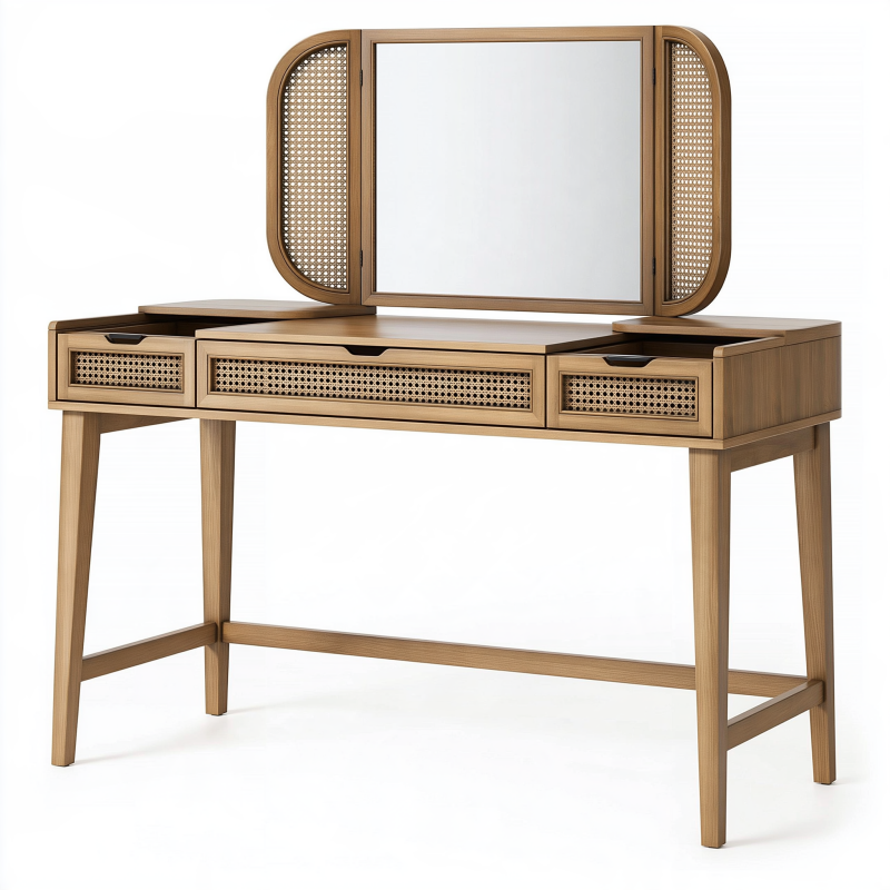 Coiffeuse 120 x 45 x 140 cm en bois marron clair avec miroir et tiroirs style naturel