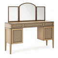 Coiffeuse 120 x 45 x 145 cm en bois beige avec cannage et miroir triptyque style rétro