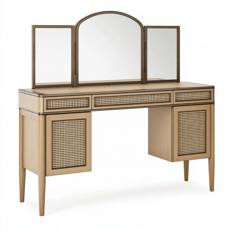 Coiffeuse 120 x 45 x 145 cm en bois beige avec cannage et miroir triptyque style rétro