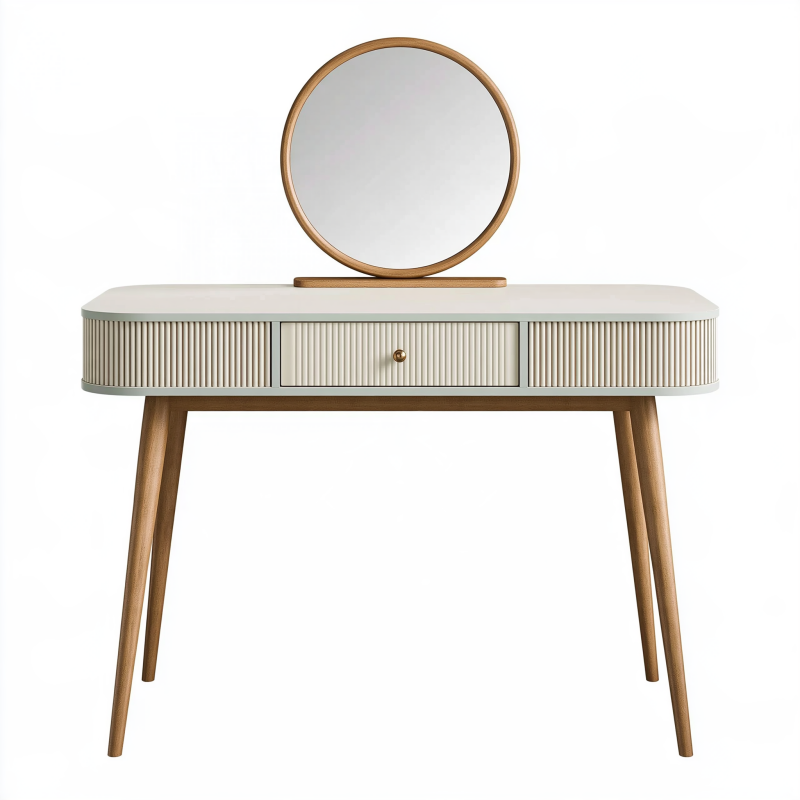 Coiffeuse 120 x 45 x 145 cm beige et bois avec miroir rond et rangement
