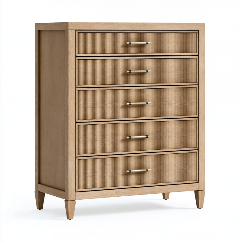 Commode 80 x 40 x 110 cm en bois clair à 5 tiroirs style contemporain
