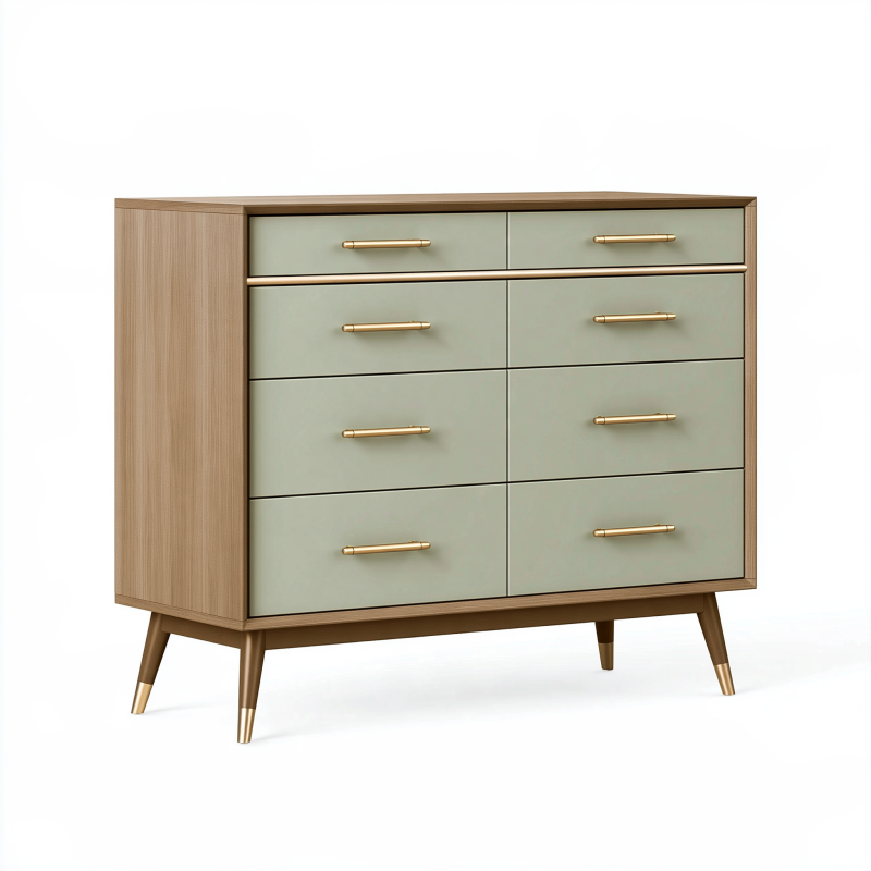 Commode 120 x 40 x 100 cm en panneaux de bois vert sauge et bois clair à 8 tiroirs style rétro