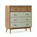 Commode 100 x 45 x 115 cm en bois marron et vert sauge - 5 tiroirs style rétro