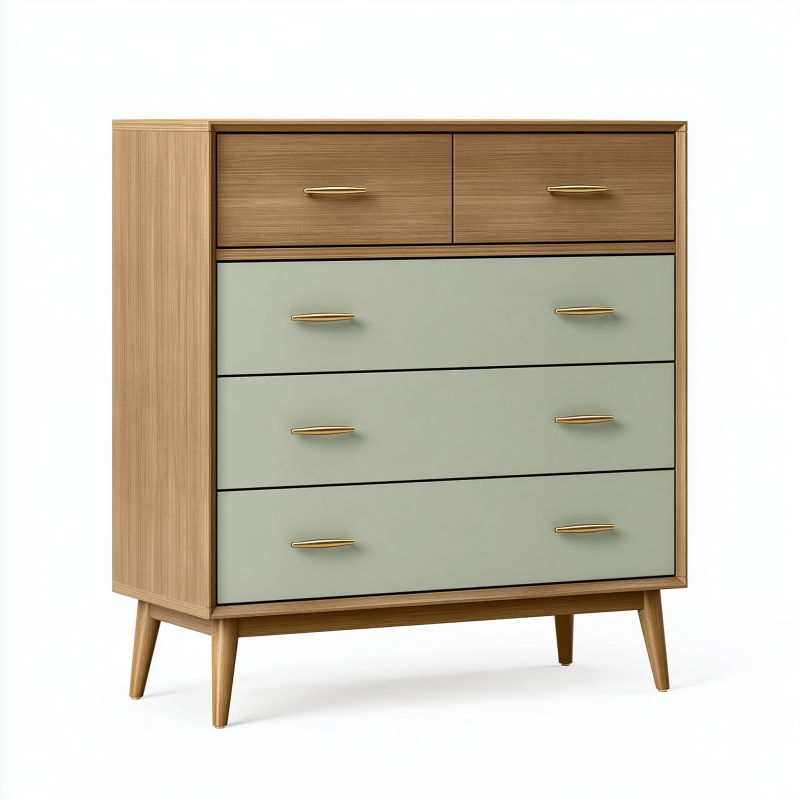 Commode 100 x 45 x 115 cm en bois marron et vert sauge - 5 tiroirs style rétro