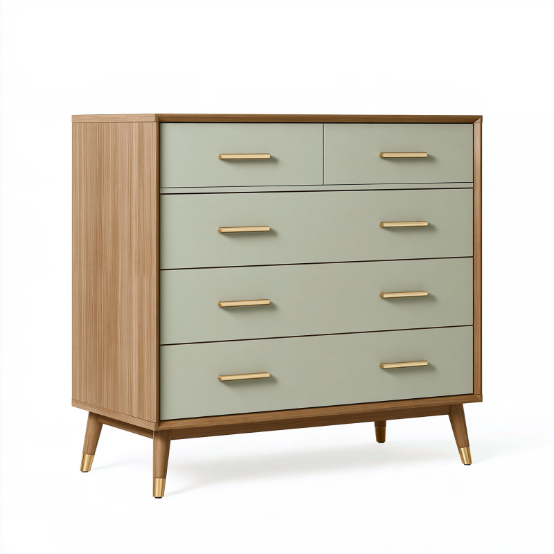 Commode 120 x 45 x 100 cm vert sauge et bois à 5 tiroirs style rétro
