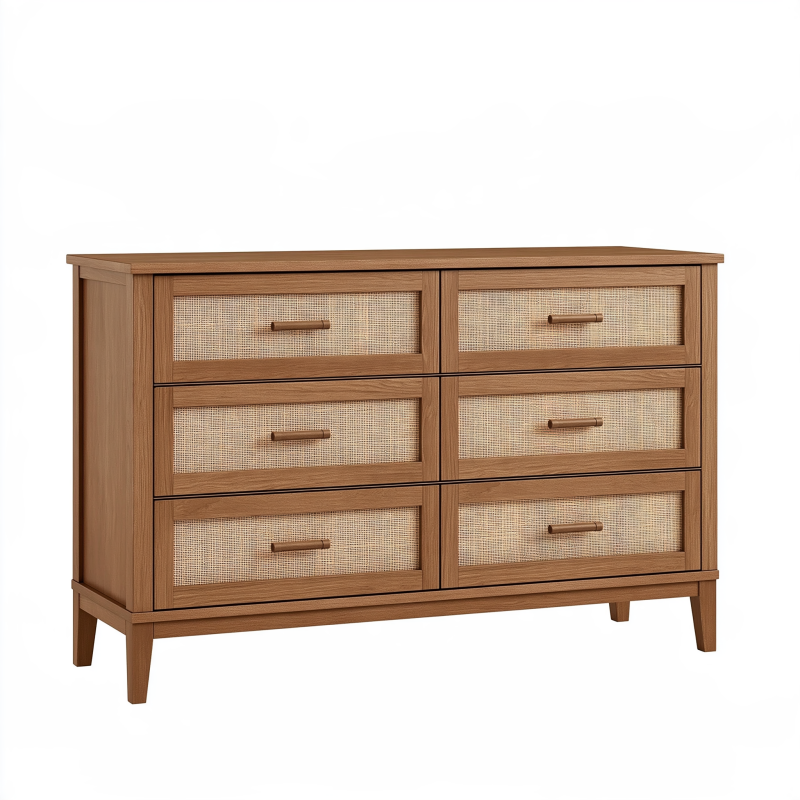 Commode 140 cm en bois marron avec 6 tiroirs en cannage style naturel