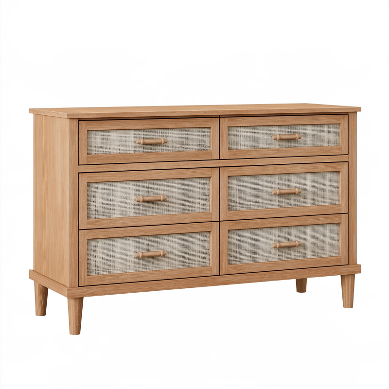 Commode 120 x 40 x 80 cm en bois naturel à 6 tiroirs cannés style scandinave