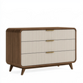 Commode 120 x 45 x 80 cm en panneaux de bois noyer et beige à 3 tiroirs style rétro