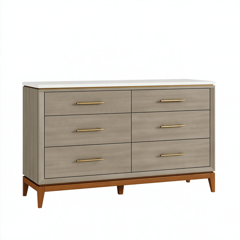 Commode 140 x 40 x 85 cm en panneaux de bois gris avec plateau blanc - 6 tiroirs style moderne