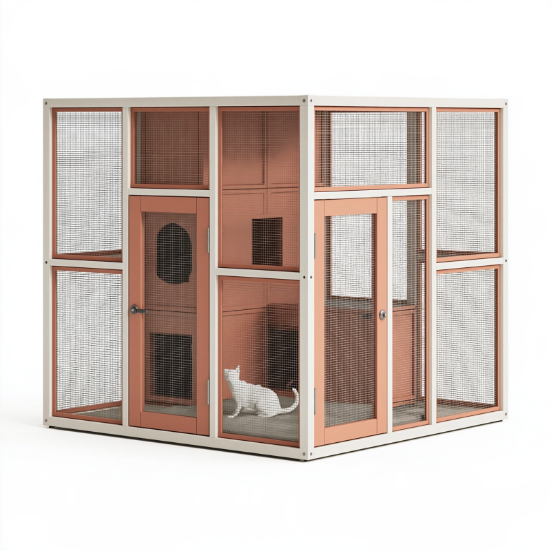 Enclos pour chat 120 x 80 x 120 cm en acier blanc et terracotta à portes grillagées