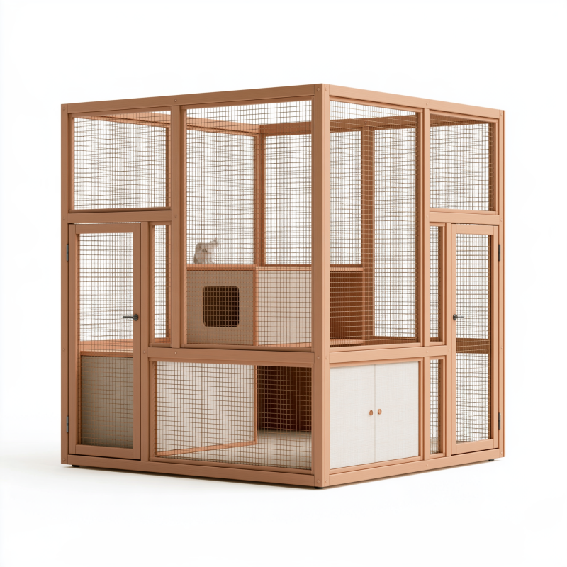 Enclos pour chat 120 x 90 x 150 cm en bois naturel blanc avec grillage et portes