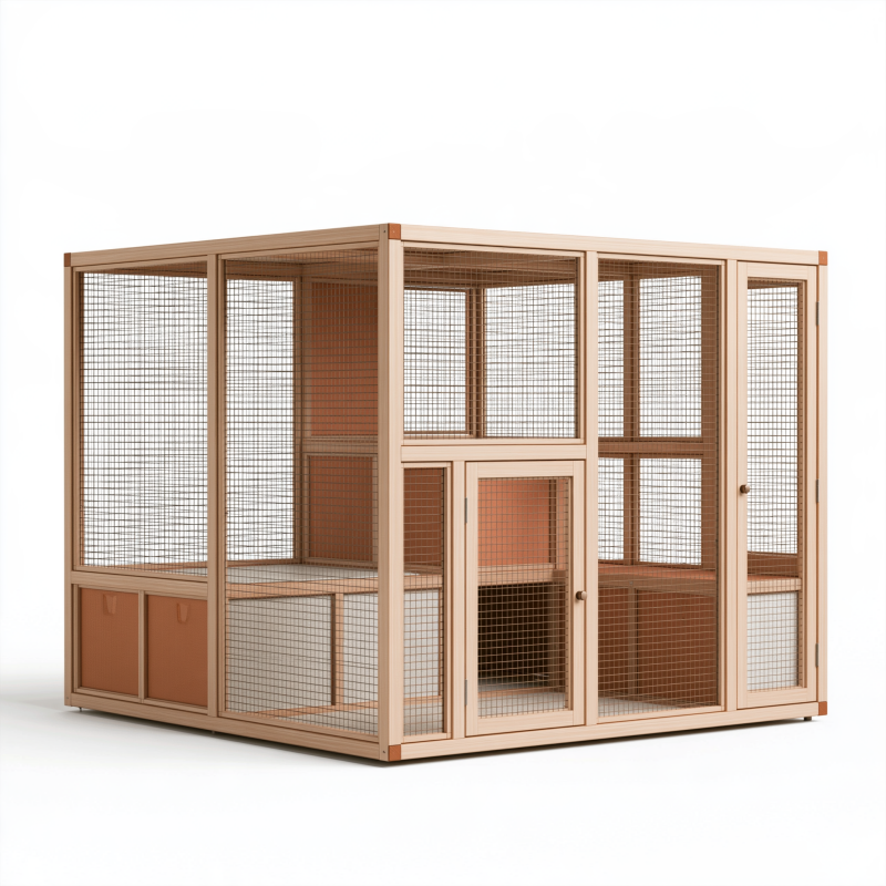 Enclos pour animaux 180 x 90 x 180 cm en bois naturel et métal marron avec grillage et portes