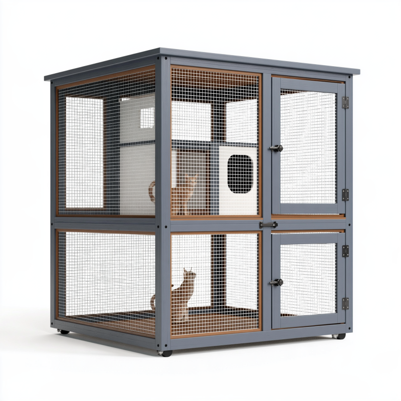 Cage pour chat 120 x 80 x 140 cm en acier gris à deux niveaux avec portes verrouillables