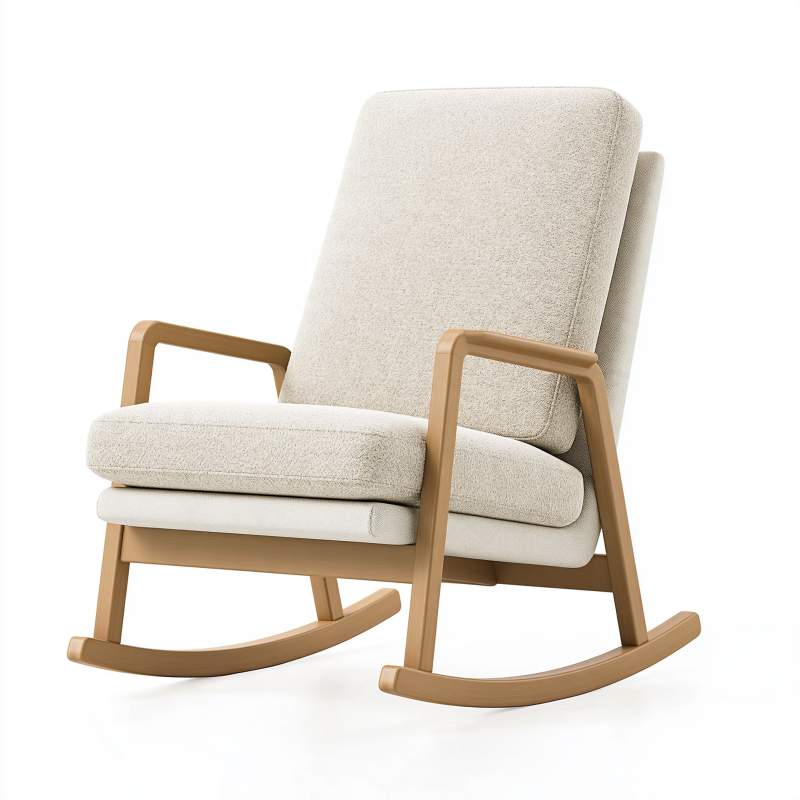 Fauteuil à bascule 70 x 92 x 98 cm en bois et tissu bouclette écru