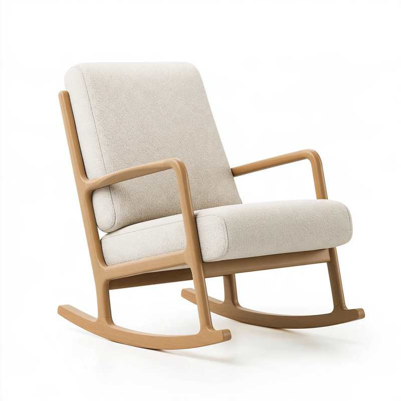 Fauteuil à bascule 68 x 92 x 98 cm en bois naturel et tissu bouclette écru