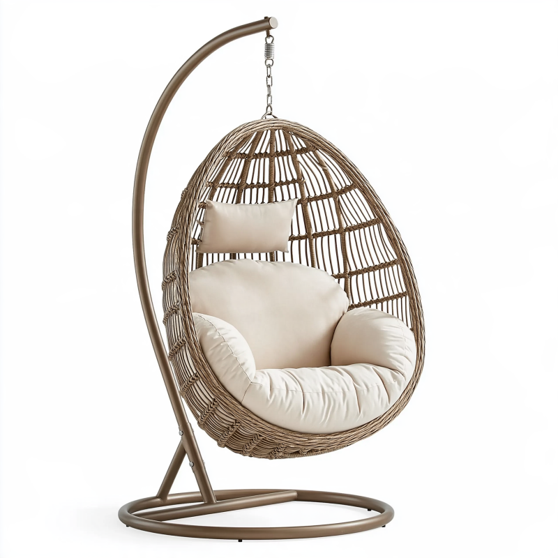 Fauteuil suspendu 105 x 105 x 195 cm en rotin tressé beige avec support métallique pour intérieur et extérieur couvert