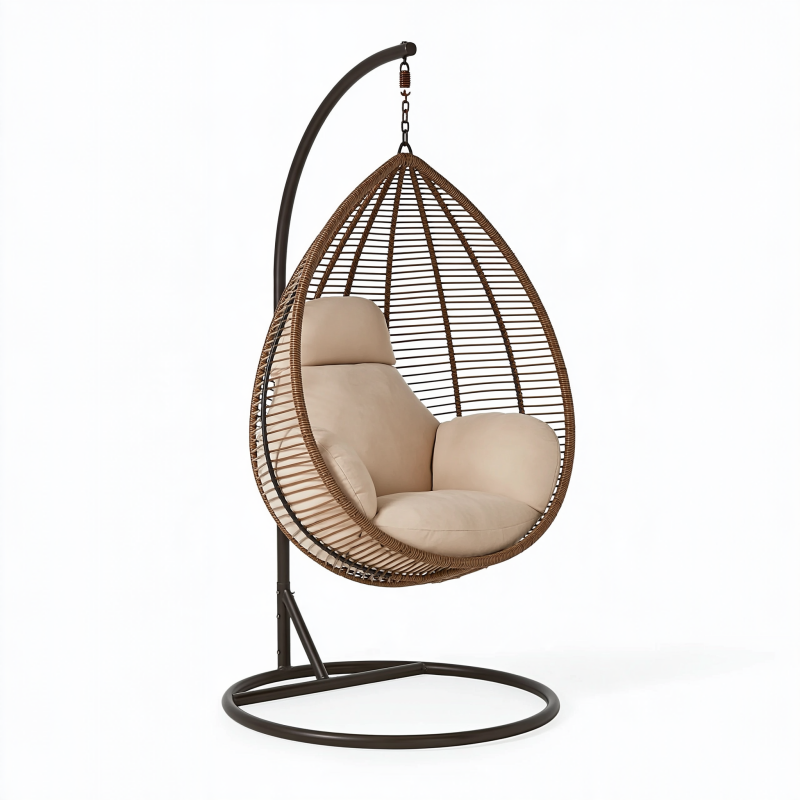 Fauteuil suspendu 105 x 105 x 195 cm en résine tressée marron avec support en acier style bohème